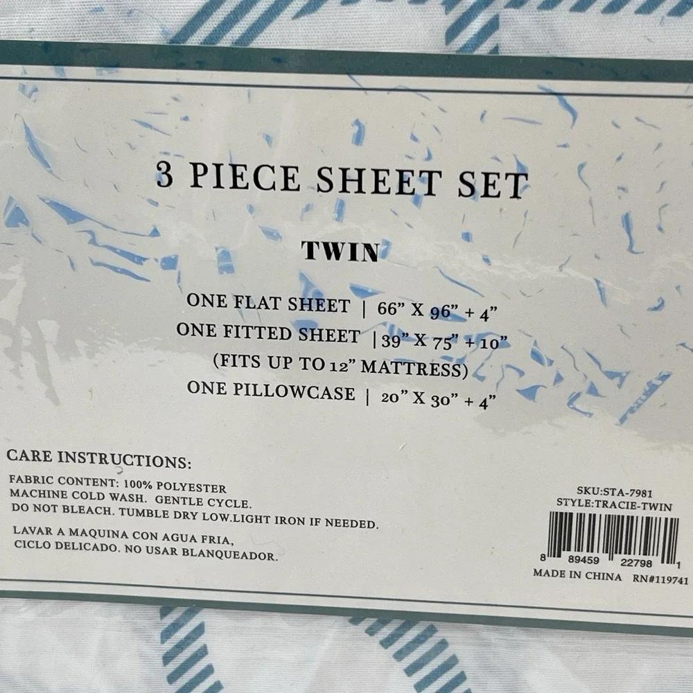 Tracie Twin Sheet Set 3 Piece White Aqua Blue Geometric Pattern New In Package